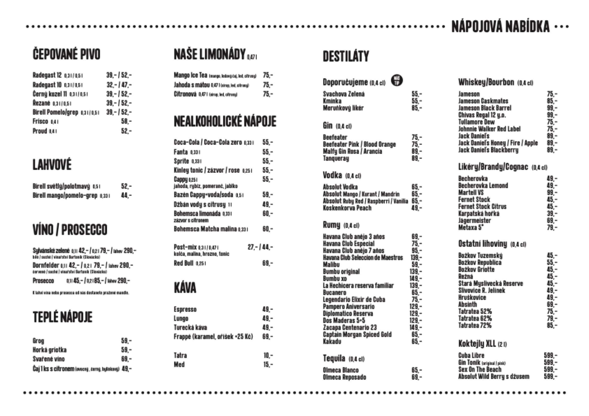 Jídelní lístek Pivnice Doga – nápojová nabídka (piva, limonády, káva, destiláty)